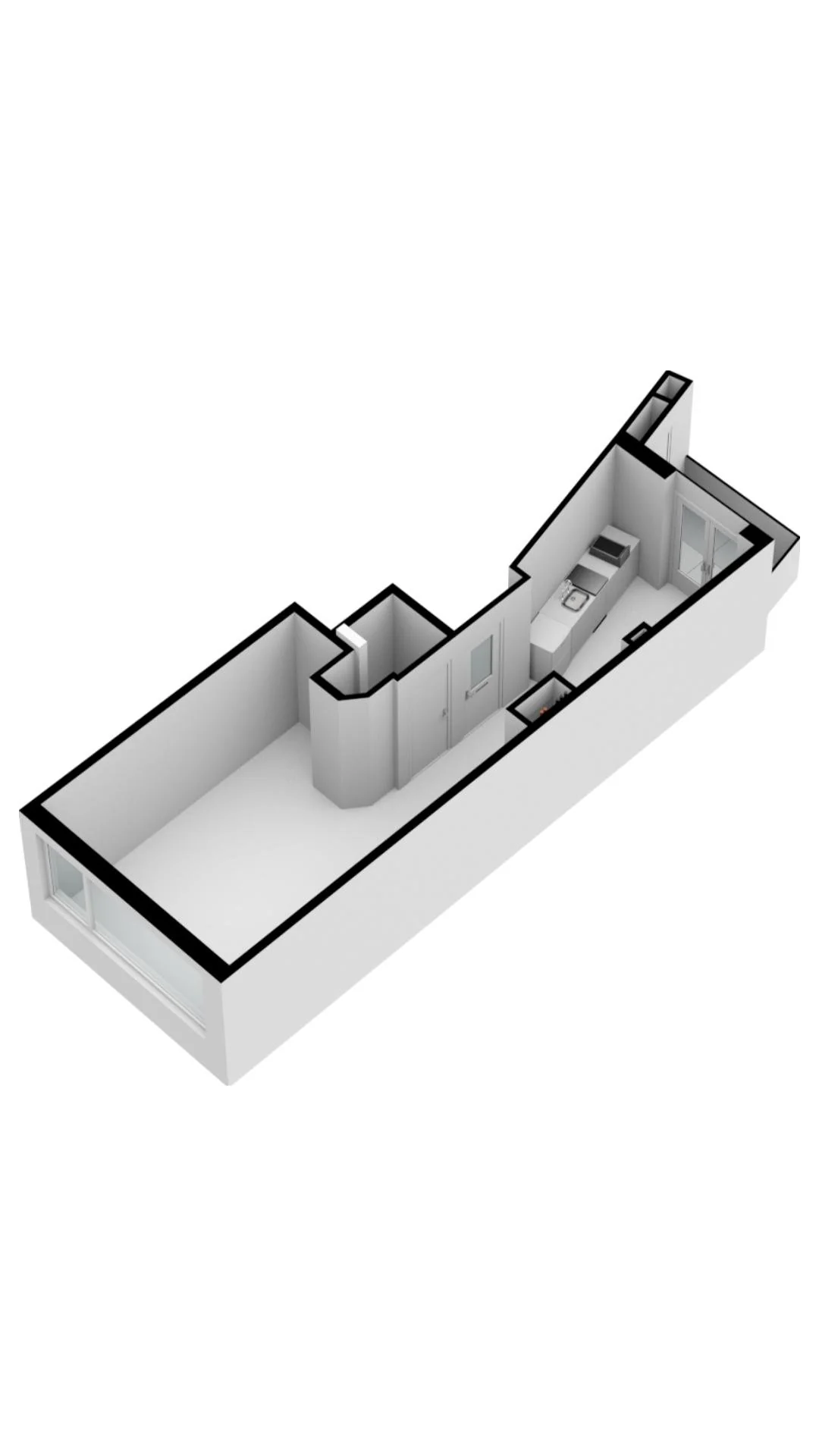 3D plattegrond van een appartement aan de Cornelis Dopperkade met woonkamer, keuken en badkamer.